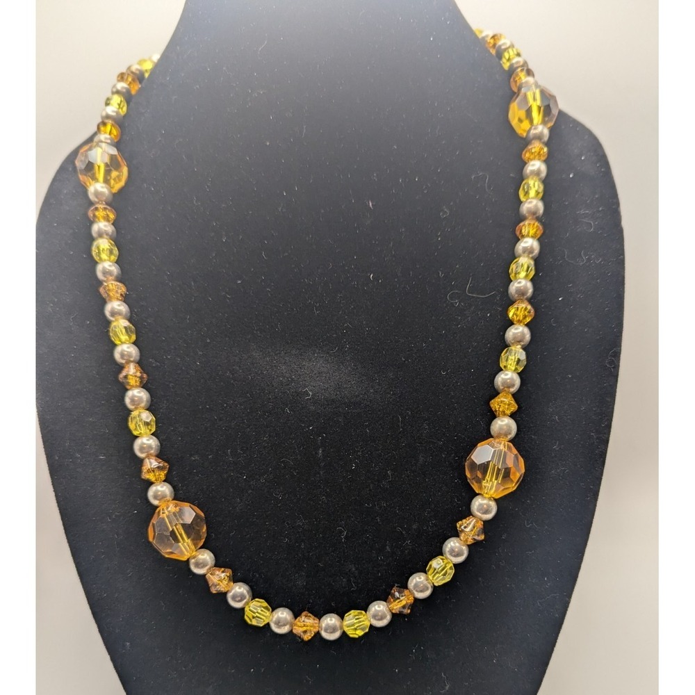 Womens Amber Yellow Acrylic Beaded Necklace Silver Tone Statement 24in